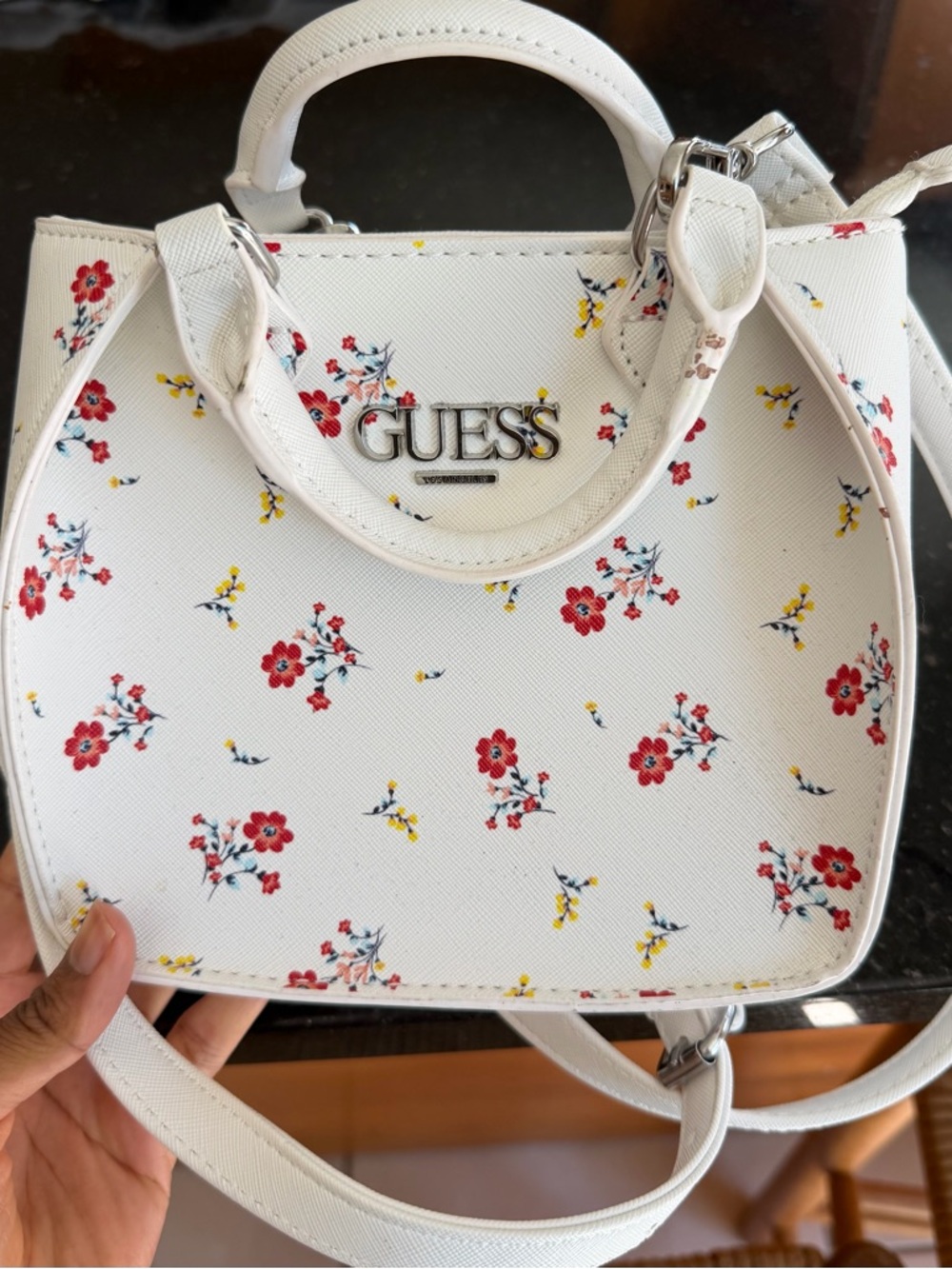 Guess White Floral Mini Satchel with Red and Yellow Flowers